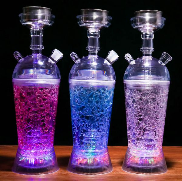 Narguilé Pipe Glowing LED Verre Bong Eau Narguilé Lait Thé Tasse Tuyau D'eau Acrylique Dabber avec 80 cm Tuyau Shisha vendre par caisse (20 pièces/étui)