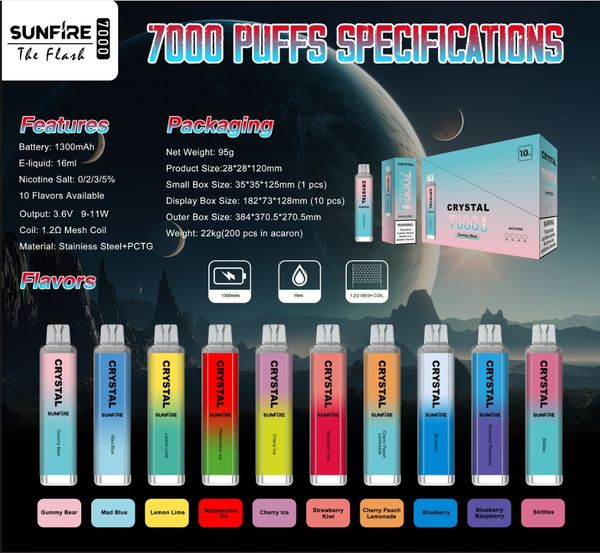 Choix en gros Sunfire Crystal 7000 Puffs Vape Pen Kits 1300mAh Pas de vape rechargeable E CIGS VACPER 16ML POD 0% 2% 3% 5% Nicotine 7000 Puffing Disposable Vape Uk Netherlands