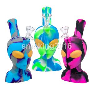 Narguilés 8.0inches Silicone Alien Face Pipes à eau avec bol en verre fumée accessoire dab oill rigs