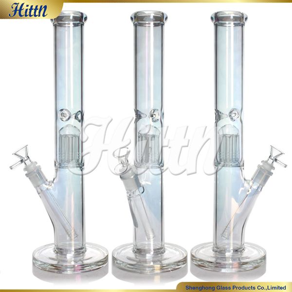 Pipe d'eau de 16 pouces en verre Bong Straighjt Tube 8 armes Percolator Bong Bong 5 mm d'épaisseur Holographic Rainbow 420 Pipe d'eau à fumer en verre avec joint de 14 mm