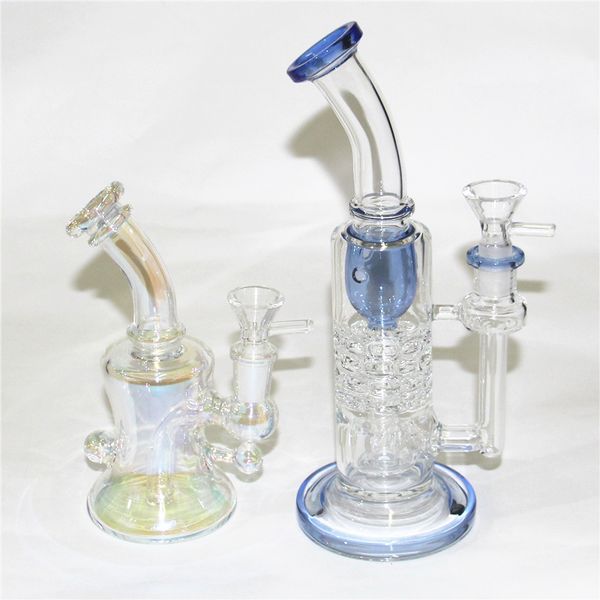 Cachimbas Arco iris Azul Verde Color Reciclador Vidrio Agua Bongs 3 Estilos Vidrio grueso Dab Rigs Tuberías de agua Cubilete Bong Embriagador Plataformas petroleras para fumar Dab