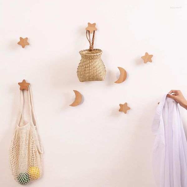 Crochets 1 pièce en forme d'étoile et de lune, support de rangement en bois, support mural pour manteau, porte-clés, chapeau, écharpe, pour la décoration de la maison