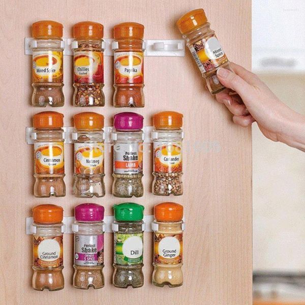 Ganchos 2 piezas estante para botellas de especias almacenamiento de cocina montaje en pared ingrediente plástico adhesivo Clip gabinete organizador puerta tarro herramienta