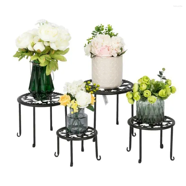 Hooks 4 PCS Plant Stand Round Flower Rack para decoración del jardín del hogar Hierro forjado Negro