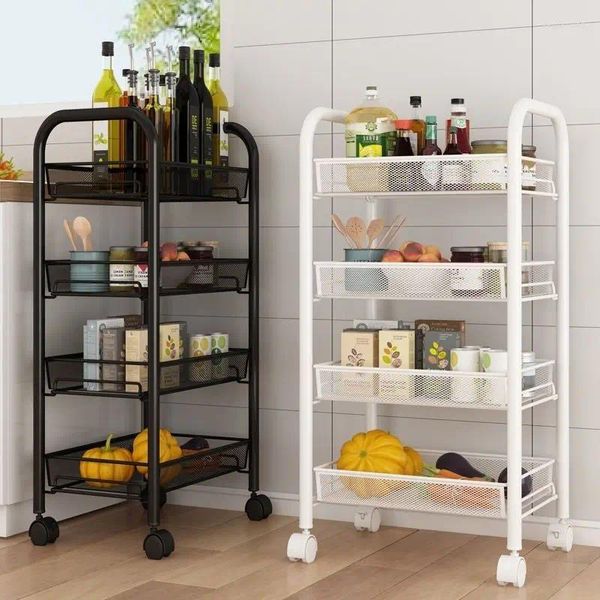 Ganchos, estantería con ruedas de acero al carbono, estante móvil para refrigerios de piso a techo, almacenamiento junto a la cama para dormitorio de 4/5 niveles, organizador de varios pisos