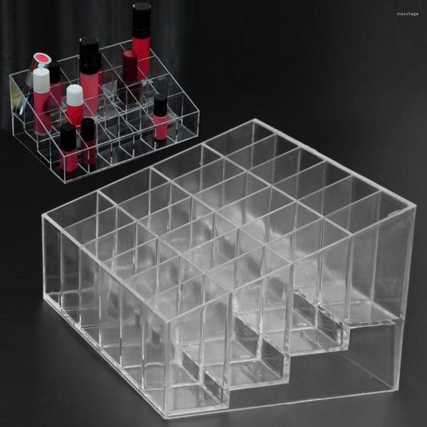 Ganchos acrílico transparente 24 rejilla organizador de maquillaje caja de almacenamiento lápiz labial esmalte de uñas soporte de exhibición estuche de joyería cosmética