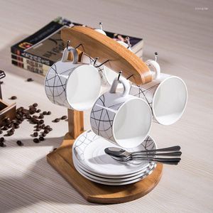 Hooks Cup Holder Mok Rack - Bamboo Coffee Home Storage Creative Tea and Saucer Display Organizer -Holds 6 Mokken