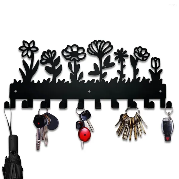 Crochets Flower Metal Key Holder 10 Tulip Daisy Black Iron Wall Murd Decorative Hook Organizer Rack pour le sac serviette à vêtements