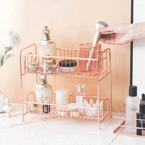 Crochets pour 2 couches Rack Rack Nordic Home Living Room Bedroom Bureau Cosmetic Shelf Hollow Iron Rose Gold Organizer