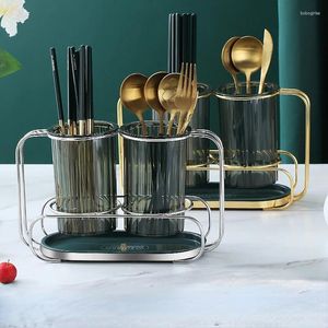 Hooks Home Decor Golden Chopsticks Rack Drain Knife en Fork Storage Bucket Telare Box Simple Alloy Lepel Toesteegstokhouder