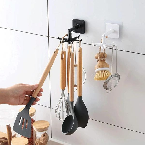 Ganchos de cocina 360 giratorio gancho plegable colgador multifunción sin agujeros toalla de baño cuchara 6 utensilios