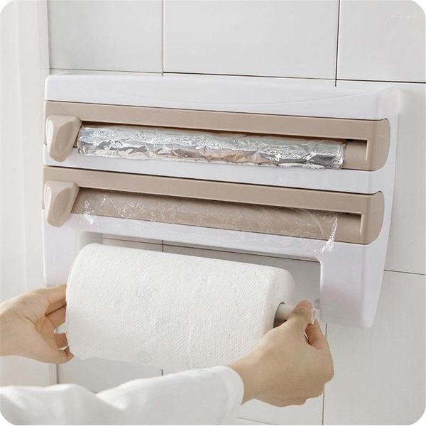 Ganchos para cocina, cortador de cinturón de plástico multifunción, estante de almacenamiento, película, dispensador de papel de Triple rollo, toallero de lata