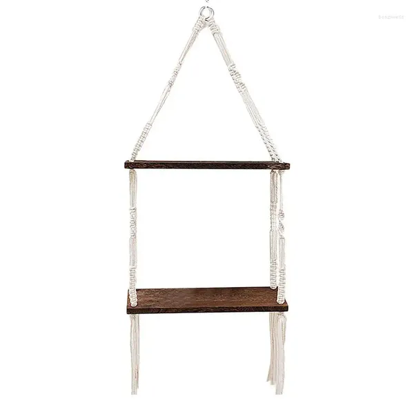 Étagères suspendues en macramé à 2 niveaux, étagère de salle de bain rustique en bois flottant, décor Boho, organisateur de corde tissée à la main pour la maison