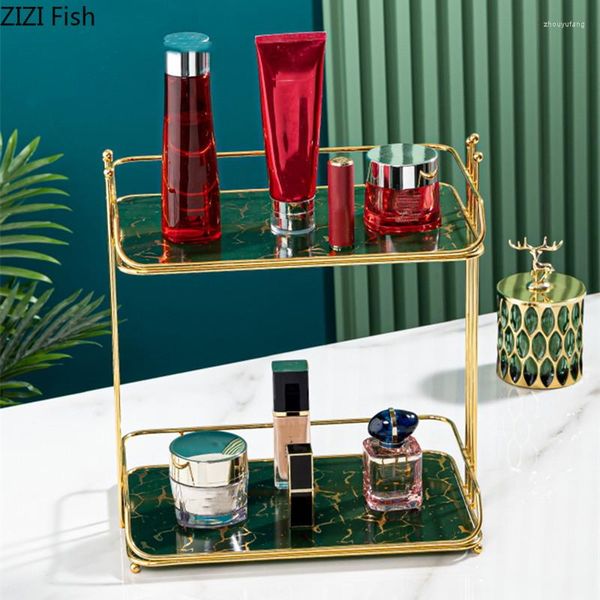 Ganchos nórdico metal prateleiras de duas camadas namorada cosméticos jóias armazenamento rack decoração luz luxo casa banheiro copo