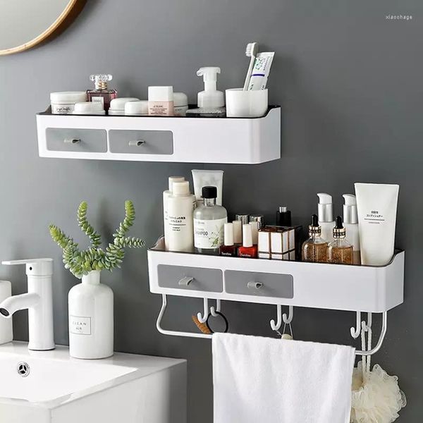 Estante organizador de baño sin perforaciones con ganchos, almacenamiento de champú y cosméticos, soporte para toallas de cocina y baño, accesorios para artículos del hogar