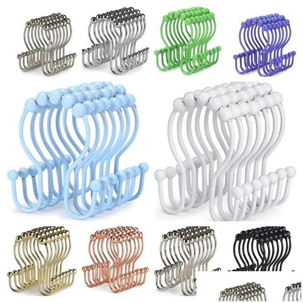 Ganchos Rails 12 PCS Set Anillos de cortina de ducha Rodillo de acero inoxidable Anti-óxido Anti-caída Doble para cortinas Baño Entrega de gota Dhyeb