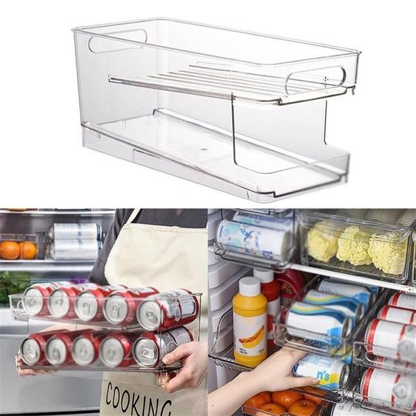 Ganchos Rieles Cajón organizador de bebidas para frigorífico de doble capa con asa, contenedor de almacenamiento para latas de refrescos autoenrollable, caja para contenedores, soporte para estante T193F