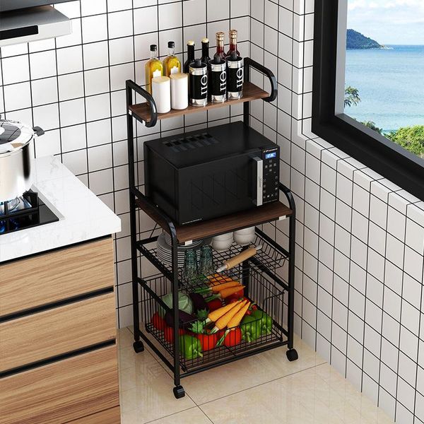 Hooks Rails Kitchen Baker Baker's Rack Stuff Storage Stank Stand Span de microondas en Wheels Organizador 4 estantes de nivel de 4 niveles Blackhooks ajustables