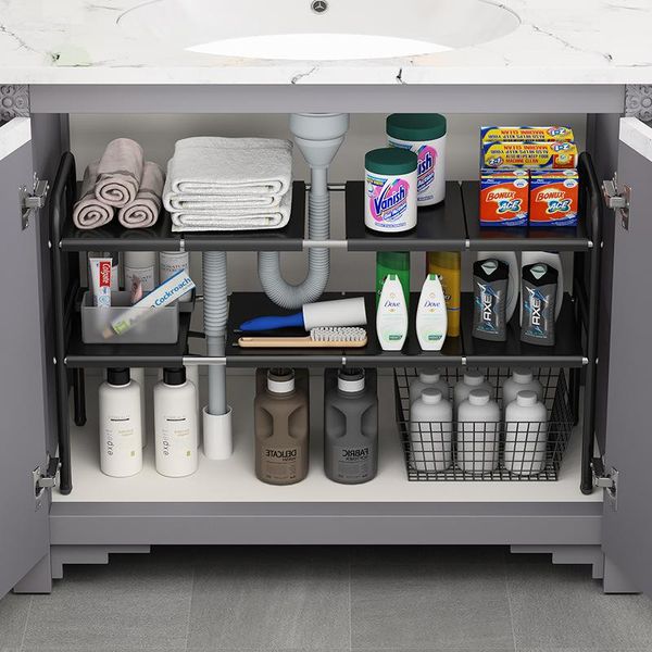 Ganchos Rieles Cocina debajo del fregadero Estante organizador expandible Estante de gabinete de baño ajustable de 2 niveles con 8 paneles extraíbles Estante de almacenamientoHoo