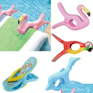 Haken Rails Grote zomerkleding Clip Haak Dier Papegaai Dolfijn Flamingo Watermeloen Vormige Strandhanddoek Klem om de wind te voorkomen Dhuzx