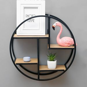 Haken rails Noordse stijl houten ijzeren vaartuig ronde wandplank display rack opslag hangende kast antieke bloempot houder decorhooks