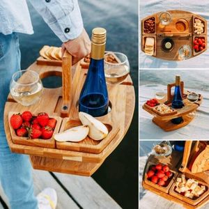 Haken Rails Draagbare Houten Picknicktafel Draaghandvat Openlucht Vouwende Wijn Verwijderbare Glas Houder Fruit Snack Lade