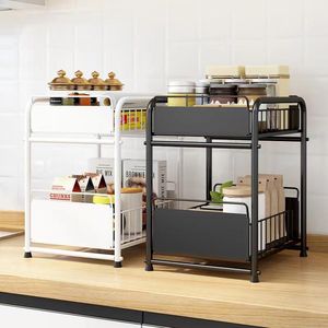 Crochets Rails sous évier armoire organisateur 2 niveaux avec tiroir de rangement coulissant bureau pour cuisine salle de bain comptoir étagère fournitures