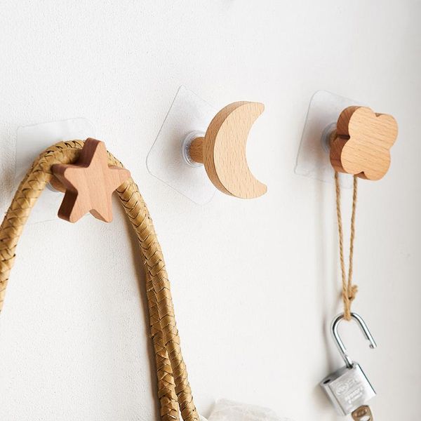 Ganchos Gancho de madera Estrellas Forma de luna Colgador de decoración de pared de madera maciza Decoración moderna para el hogar Llavero Nórdico Toallas Perchero Rieles