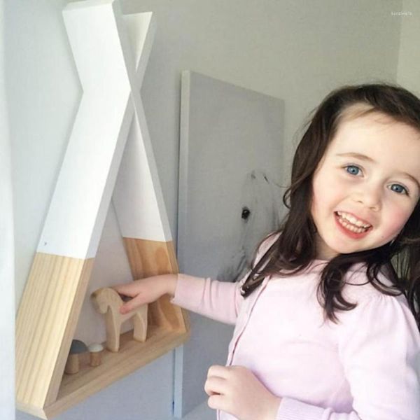 Ganchos Triángulo de madera Soporte de almacenamiento Estante montado en la pared Adornos artesanales de madera Estantes Juguetes para niños Decorativos para la habitación de los niños