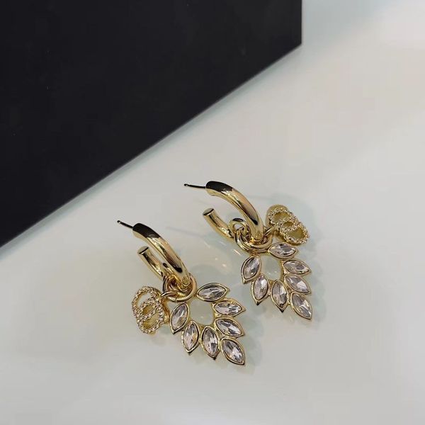 Aro de cristal con diamantes de imitación, colgante de oreja de trigo, deslumbrantes pendientes chapados en oro, marca de moda, Aretes de doble letra, joyería de regalo para fiesta de boda con caja