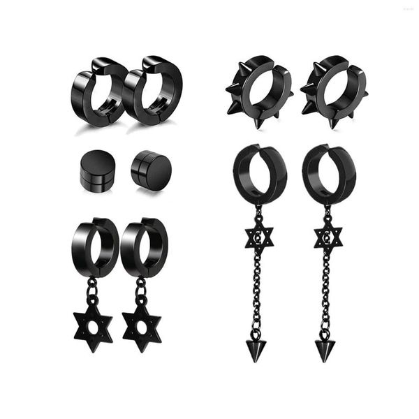 Pendientes de aro de 1 a 5 pares de acero inoxidable negro, sin perforación, remache de punta, estrella colgante, borla, juego de clip para mujeres, hombres, niños y niñas