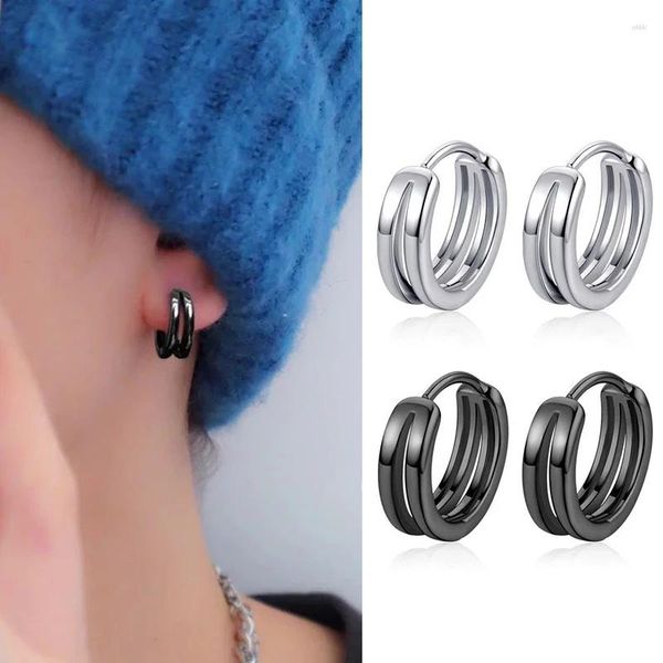 Boucles d'oreilles créoles 1 paire, Double anneau creux, petit pour hommes et femmes, tendance, couleur noir argent, Hip Hop, fête gothique, bijoux d'oreille