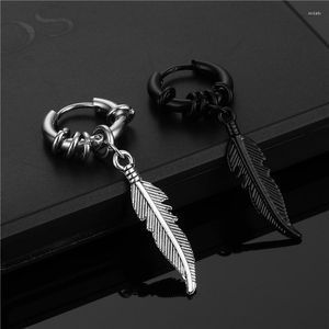 Boucles d'oreilles cerceau 1 paire Punk avec breloque plume hommes acier inoxydable percé Anti allergique bijoux