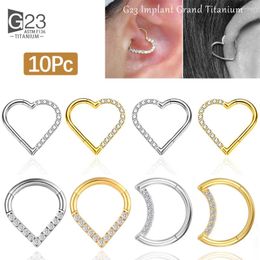 Pendientes de aro 10 piezas ASTM F136 titanio Daith corazón pendiente cartílago tragus hélice anillos segmento con bisagras con circonita transparente