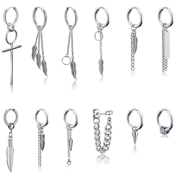 Boucles d'oreilles créoles en acier inoxydable pour hommes et femmes, 12 pièces, Huggie Dangle plume Kpop avec pendentif à longue chaîne articulée pour femmes unisexes
