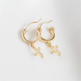 Boucles d'oreilles créoles en or 14 carats, bijoux remplis de croix fine de 15MM, Brincos Pendientes Oorbellen Boho