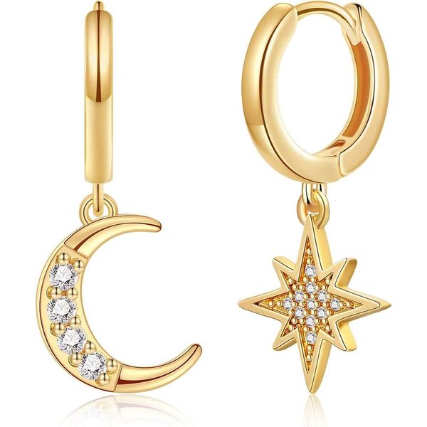 Pendientes de aro chapados en oro de 14 quilates con circonita cúbica, diseño de luna, estrella, relámpago, mal de ojo, colgantes Huggie, joyería para mujer