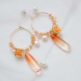 Boucles d'oreilles créoles 14K Gold Wrapped Fashion Anti Sensitive Orange Flower Crystal Long Women South Korea