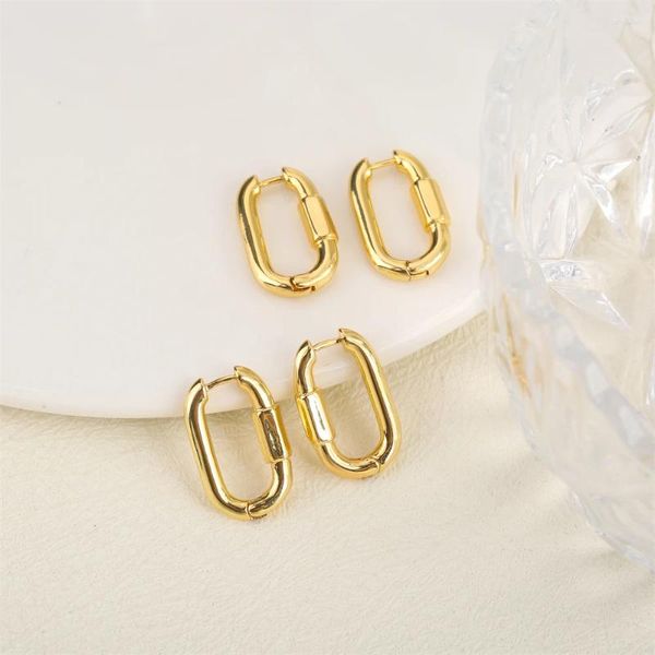 Boucles d'oreilles créoles en cuivre plaqué or 18 carats ovale géométrique lisse pour femme style simple métal amovible