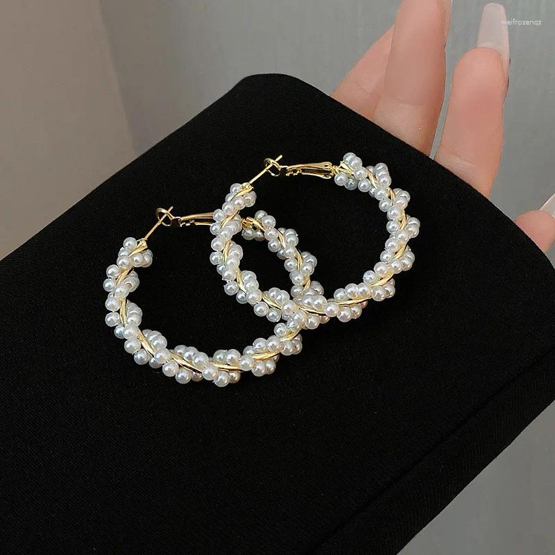 Hoop Earrings 18k Gold Color Fashion Jewelry Weaving Pearl Circles For Woman Holiday Party Daily Simple Earring Gifts