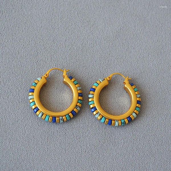 Boucles d'oreilles créoles plaquées or 18 carats, design chic, laiton, perles turquoise, style vintage, mode
