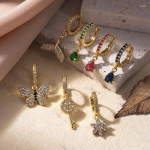 Boucles d'oreilles cerceau 1 PC fleur papillon queue de poisson balancent Huggie boucle d'oreille pour les femmes multicolore Zircon goutte d'eau pendentif Piercing bijoux