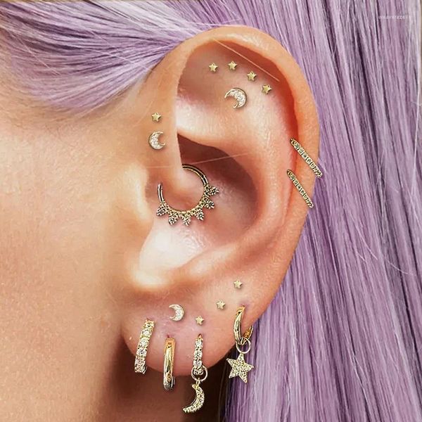 Pendientes de aro, 1 pieza, Piercing Orbital para mujer, delicadas estrellas pequeñas, Luna, circonita, Color dorado, oreja, tabique, lóbulo, Tragus, joyería para el cuerpo