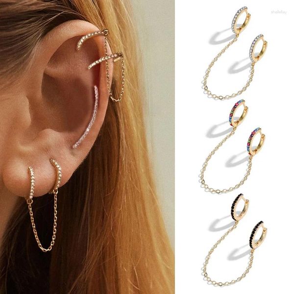 Pendientes de aro 1 pieza Piercing Chian moda Zircon Ear Cuff para Mujeres Hombres Color dorado Huggie Unisex doble círculo joyería regalo