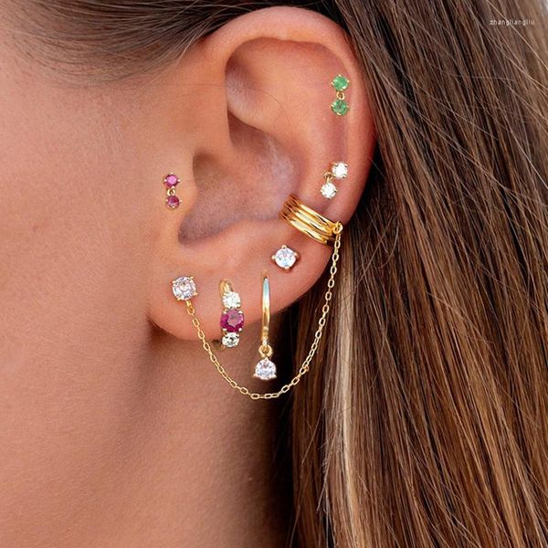 Boucles d'oreilles créoles en acier inoxydable pour femmes, 1 pièce, zircone cubique, petit pendentif vert, Cartilage Tragus, Piercing, bijoux