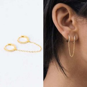 Pendientes de aro 1 pieza Unisex Simple cristal circón doble oreja perforada mujeres hombres Punk estilos cadena larga pendiente fiesta joyería