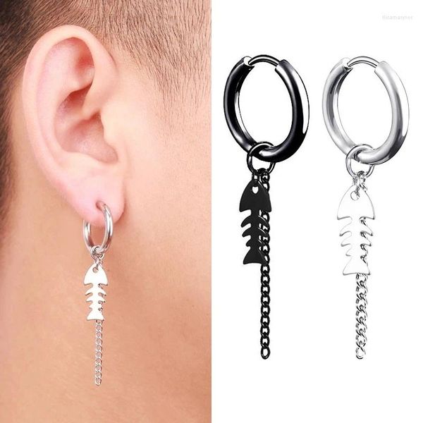 Boucles d'oreilles cerceau 1 pièce unisexe titane acier inoxydable os de poisson couleur noire HipHop vente en gros Punk Chic gland chaîne homme fête