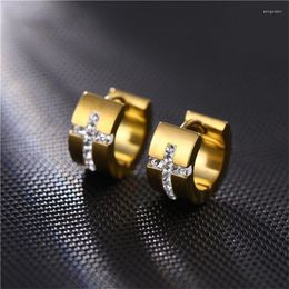 Boucles d'oreilles créoles en acier inoxydable 316L, 1 pièce, Punk Hip Hop, croix en cristal pour femmes et hommes, bijoux de fête à la mode, cadeaux E691