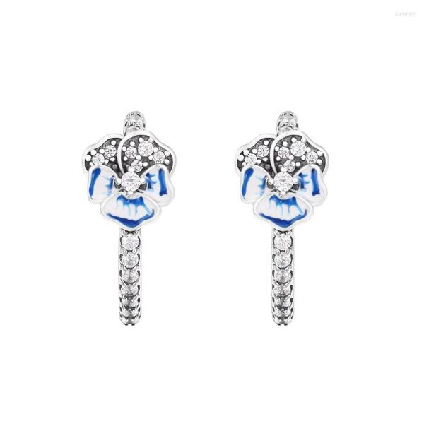 Boucles d'oreilles créoles 2022 925 en argent Sterling fleur de pensée bleue pour les femmes adolescentes bijoux de mode oreille Brincos en gros