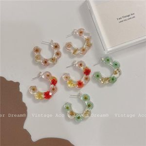 Boucles d'oreilles cerceau 2022 rétro coloré fleurs séchées pour femmes filles à la mode Transparent acrylique résine C-forme fête bijoux cadeaux